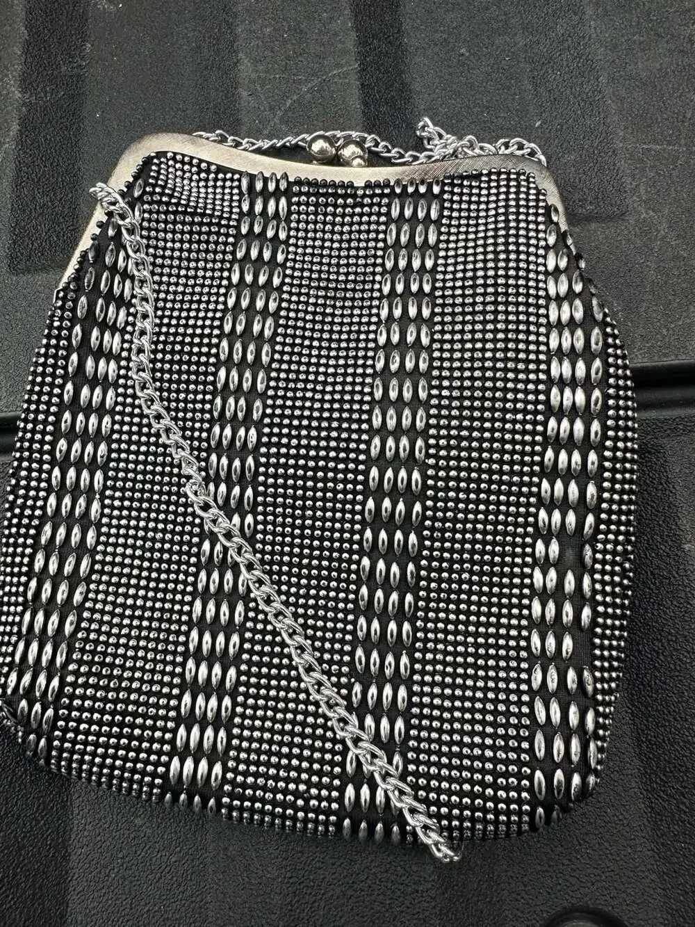 Vintage Black and Silver Metal Beaded Evening Clutch with Chain Strap